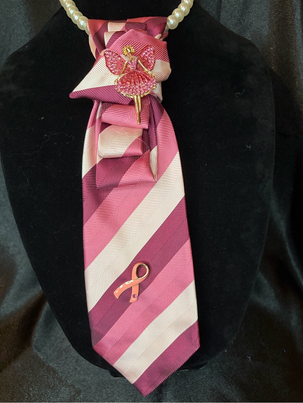 Thomas Pink Pink and White Diagonal Stripe Silk Tie Necklace